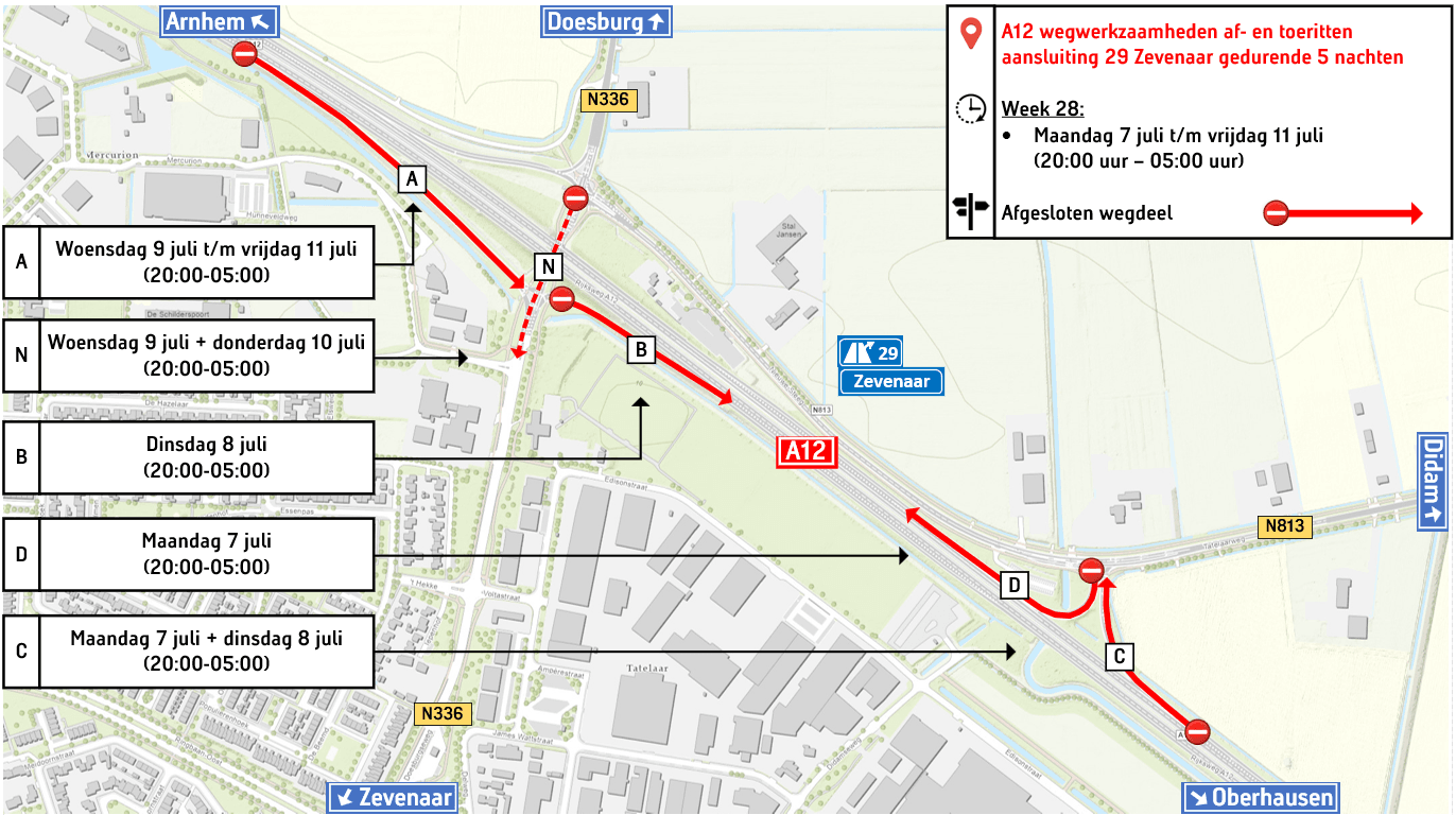 Kaart afsluiting afritten A12